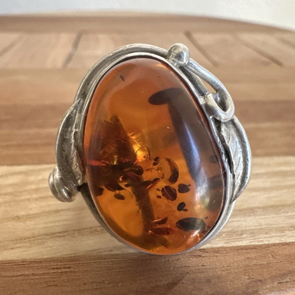 Vintage Artisan Brutalist Ring Size 7 Poland Baltic Amber 925 Sterling 12.5g MCM
